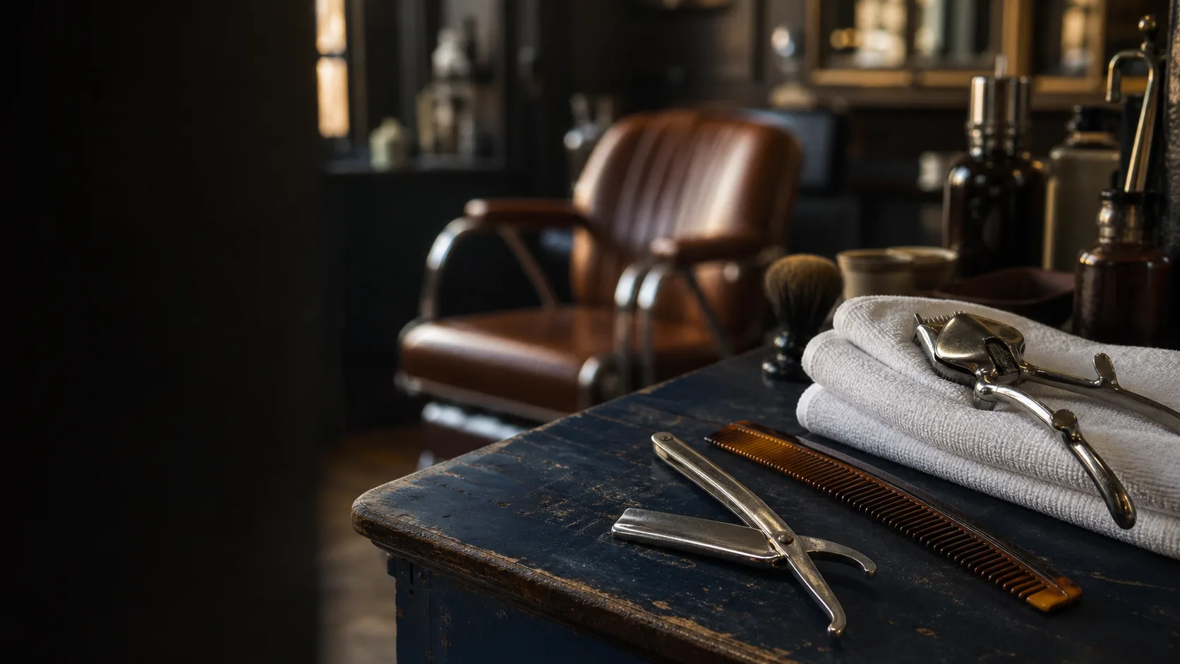 Barber tools and folded towels beside a worn blue workbench
